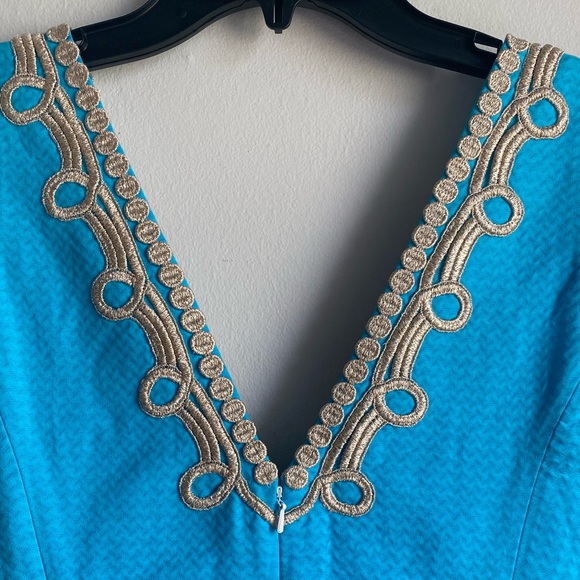 Lilly Pulitzer Bentley Shift Dress Searulean Blue Gold Embroidered Size 10 - Picture 12 of 13